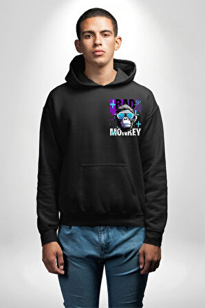 Kötü Maymun Güneş Gözlüklü Erkek Kadın Siyah Ön Sırt Baskılı Kapüşonlu Sweatshirt Hoodie