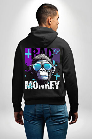 Kötü Maymun Güneş Gözlüklü Erkek Kadın Siyah Ön Sırt Baskılı Kapüşonlu Sweatshirt Hoodie