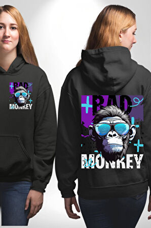 Kötü Maymun Güneş Gözlüklü Erkek Kadın Siyah Ön Sırt Baskılı Kapüşonlu Sweatshirt Hoodie