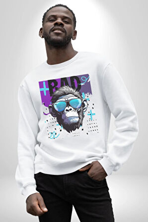 Kötü Maymun Güneş Gözlüklü Erkek Kadın Unisex Dijital Baskılı Beyaz Sweatshirt