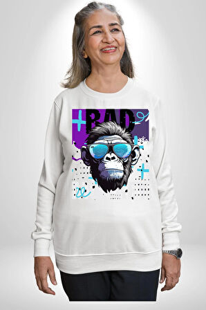 Kötü Maymun Güneş Gözlüklü Erkek Kadın Unisex Dijital Baskılı Beyaz Sweatshirt