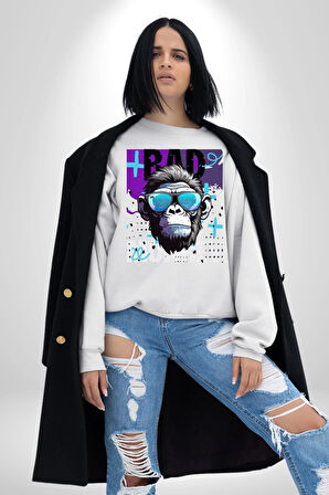 Kötü Maymun Güneş Gözlüklü Erkek Kadın Unisex Dijital Baskılı Beyaz Sweatshirt