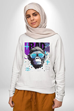 Kötü Maymun Güneş Gözlüklü Erkek Kadın Unisex Dijital Baskılı Beyaz Sweatshirt