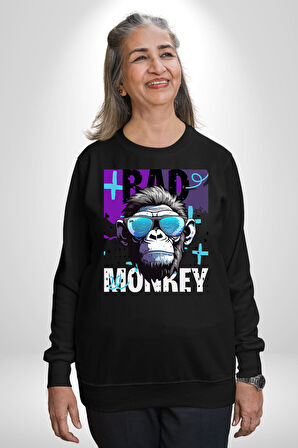 Kötü Maymun Güneş Gözlüklü Erkek Kadın Unisex Dijital Baskılı Siyah Sweatshirt