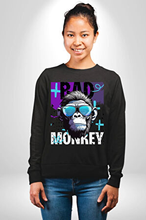 Kötü Maymun Güneş Gözlüklü Erkek Kadın Unisex Dijital Baskılı Siyah Sweatshirt