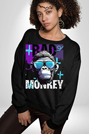 Kötü Maymun Güneş Gözlüklü Erkek Kadın Unisex Dijital Baskılı Siyah Sweatshirt