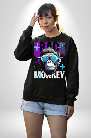 Kötü Maymun Güneş Gözlüklü Erkek Kadın Unisex Dijital Baskılı Siyah Sweatshirt