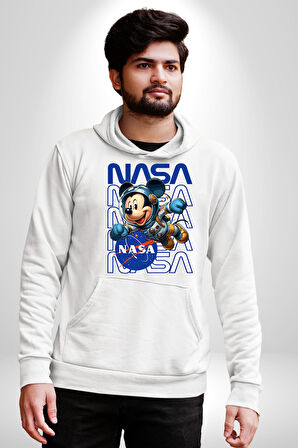 NASA Astronot Mickey Eğlenceli Tasarım Erkek Kadın Beyaz Dijital Baskılı Kapüşonlu Sweatshirt Hoodie