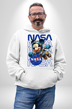 NASA Astronot Mickey Eğlenceli Tasarım Erkek Kadın Beyaz Dijital Baskılı Kapüşonlu Sweatshirt Hoodie