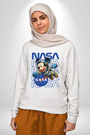 NASA Astronot Mickey Eğlenceli Tasarım Erkek Kadın Unisex Dijital Baskılı Beyaz Sweatshirt