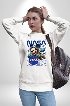 NASA Astronot Mickey Eğlenceli Tasarım Erkek Kadın Unisex Dijital Baskılı Beyaz Sweatshirt