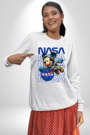 NASA Astronot Mickey Eğlenceli Tasarım Erkek Kadın Unisex Dijital Baskılı Beyaz Sweatshirt
