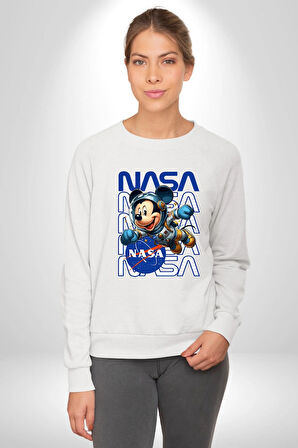 NASA Astronot Mickey Eğlenceli Tasarım Erkek Kadın Unisex Dijital Baskılı Beyaz Sweatshirt
