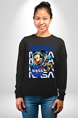 NASA Astronot Mickey Eğlenceli Tasarım Erkek Kadın Unisex Dijital Baskılı Siyah Sweatshirt