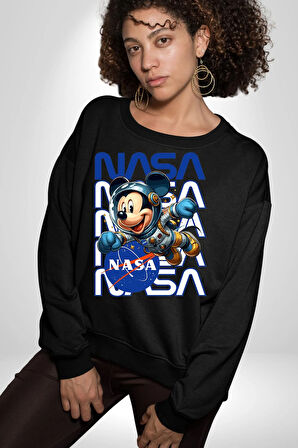 NASA Astronot Mickey Eğlenceli Tasarım Erkek Kadın Unisex Dijital Baskılı Siyah Sweatshirt