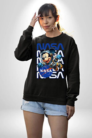 NASA Astronot Mickey Eğlenceli Tasarım Erkek Kadın Unisex Dijital Baskılı Siyah Sweatshirt