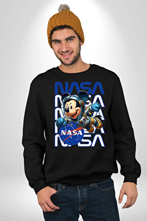 NASA Astronot Mickey Eğlenceli Tasarım Erkek Kadın Unisex Dijital Baskılı Siyah Sweatshirt