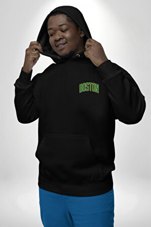 Boston Erkek Kadın Siyah Ön Sırt Baskılı Kapüşonlu Sweatshirt Hoodie