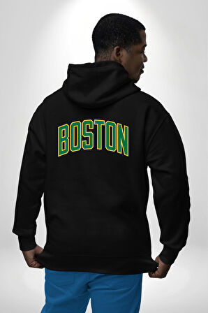 Boston Erkek Kadın Siyah Ön Sırt Baskılı Kapüşonlu Sweatshirt Hoodie