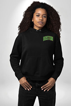 Boston Erkek Kadın Siyah Ön Sırt Baskılı Kapüşonlu Sweatshirt Hoodie