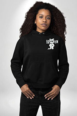 Kırık Kalp Ayı Erkek Kadın Siyah Ön Sırt Baskılı Kapüşonlu Sweatshirt Hoodie