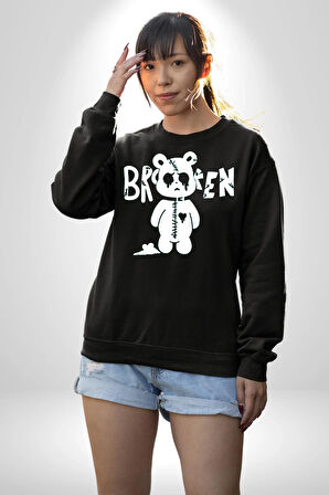 Kırık Kalp Ayı Erkek Kadın Unisex Dijital Baskılı Siyah Sweatshirt