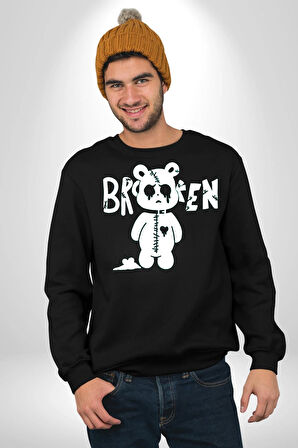 Kırık Kalp Ayı Erkek Kadın Unisex Dijital Baskılı Siyah Sweatshirt