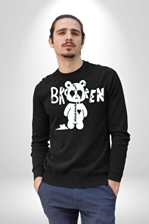 Kırık Kalp Ayı Erkek Kadın Unisex Dijital Baskılı Siyah Sweatshirt
