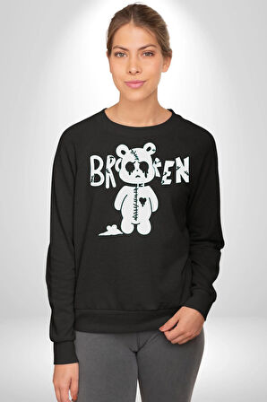 Kırık Kalp Ayı Erkek Kadın Unisex Dijital Baskılı Siyah Sweatshirt
