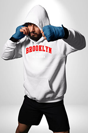 Brooklyn Kırmızı Erkek Kadın Beyaz Dijital Baskılı Kapüşonlu Sweatshirt Hoodie