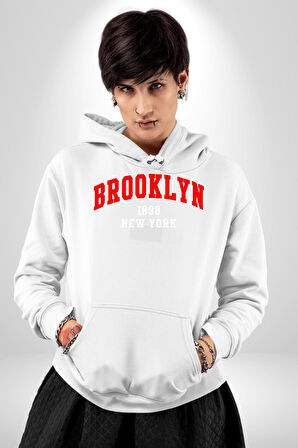 Brooklyn Kırmızı Erkek Kadın Beyaz Dijital Baskılı Kapüşonlu Sweatshirt Hoodie
