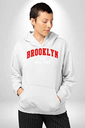 Brooklyn Kırmızı Erkek Kadın Beyaz Dijital Baskılı Kapüşonlu Sweatshirt Hoodie