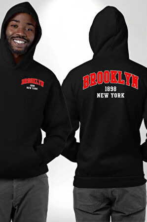 Brooklyn Kırmızı Erkek Kadın Siyah Ön Sırt Baskılı Kapüşonlu Sweatshirt Hoodie