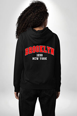 Brooklyn Kırmızı Erkek Kadın Siyah Ön Sırt Baskılı Kapüşonlu Sweatshirt Hoodie