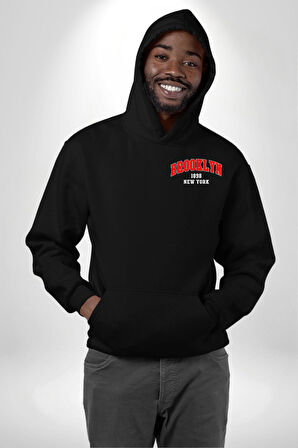 Brooklyn Kırmızı Erkek Kadın Siyah Ön Sırt Baskılı Kapüşonlu Sweatshirt Hoodie