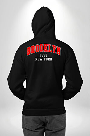Brooklyn Kırmızı Erkek Kadın Siyah Ön Sırt Baskılı Kapüşonlu Sweatshirt Hoodie