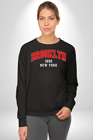 Brooklyn Kırmızı Erkek Kadın Unisex Dijital Baskılı Siyah Sweatshirt