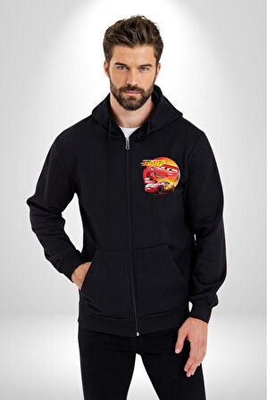 Lightning McQueen Yarışçı Araba Tasarımı Erkek Kadın Siyah Fermuarlı Baskılı Hırka Sweatshirt