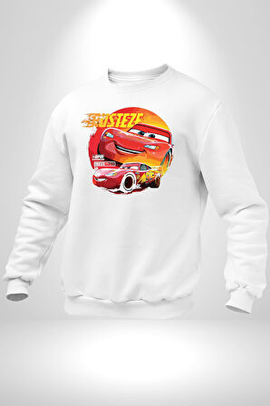 Lightning McQueen Yarışçı Araba Tasarımı Erkek Kadın Unisex Dijital Baskılı Beyaz Sweatshirt
