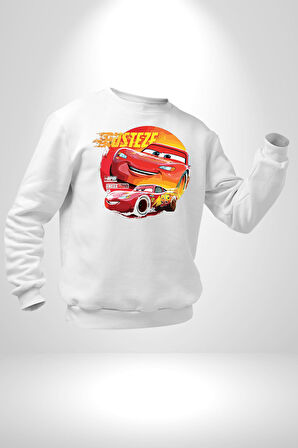 Lightning McQueen Yarışçı Araba Tasarımı Erkek Kadın Unisex Dijital Baskılı Beyaz Sweatshirt