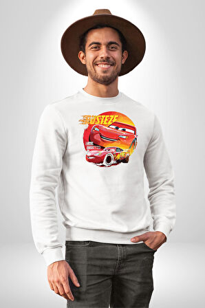 Lightning McQueen Yarışçı Araba Tasarımı Erkek Kadın Unisex Dijital Baskılı Beyaz Sweatshirt