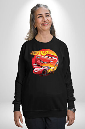 Lightning McQueen Yarışçı Araba Tasarımı Erkek Kadın Unisex Dijital Baskılı Siyah Sweatshirt