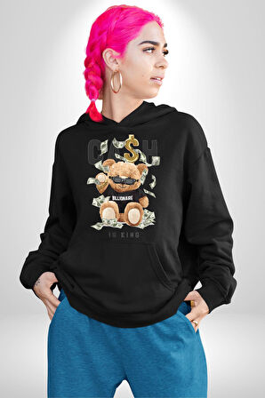 Nakit Dolar Kralı Ayıcık Sokak Stili Erkek Kadın Siyah Dijital Baskılı Kapüşonlu Sweatshirt Hoodie