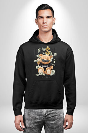 Nakit Dolar Kralı Ayıcık Sokak Stili Erkek Kadın Siyah Dijital Baskılı Kapüşonlu Sweatshirt Hoodie