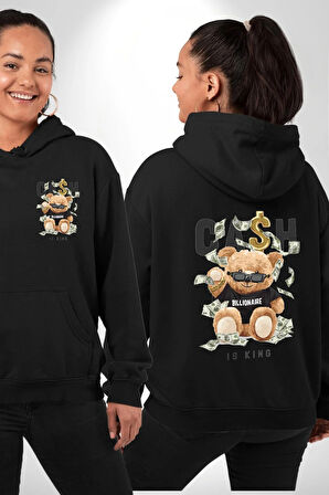 Nakit Dolar Kralı Ayıcık Sokak Stili Erkek Kadın Siyah Ön Sırt Baskılı Kapüşonlu Sweatshirt Hoodie