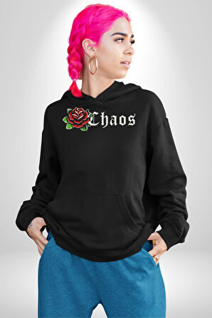 Kırmızı Gül Kaos Erkek Kadın Siyah Dijital Baskılı Kapüşonlu Sweatshirt Hoodie