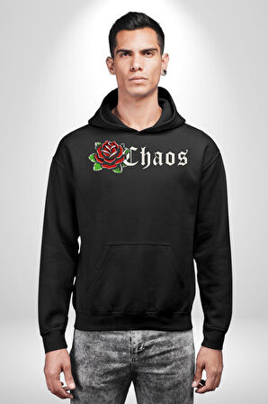 Kırmızı Gül Kaos Erkek Kadın Siyah Dijital Baskılı Kapüşonlu Sweatshirt Hoodie
