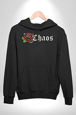 Kırmızı Gül Kaos Erkek Kadın Siyah Dijital Baskılı Kapüşonlu Sweatshirt Hoodie