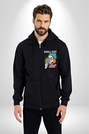 Sakin Ol Tüm Sorunlar Çözüldü Dondurma İle Erkek Kadın Siyah Fermuarlı Baskılı Hırka Sweatshirt