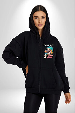 Sakin Ol Tüm Sorunlar Çözüldü Dondurma İle Erkek Kadın Siyah Fermuarlı Baskılı Hırka Sweatshirt